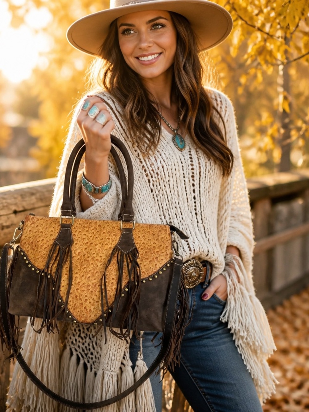 New Orange Western Genuine Ostrich Embossed Leather Rustic bag fringe crossbody